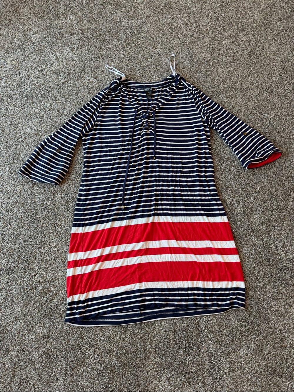 SOHO 2X Nautical Stripe Tunic Dress Navy Red White Lace Up Roll Tab Sleeve
